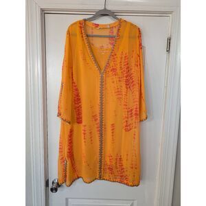 Soft Surroundings Parfair Caftan Dress women's large Orange Tie Dye sheer beaded